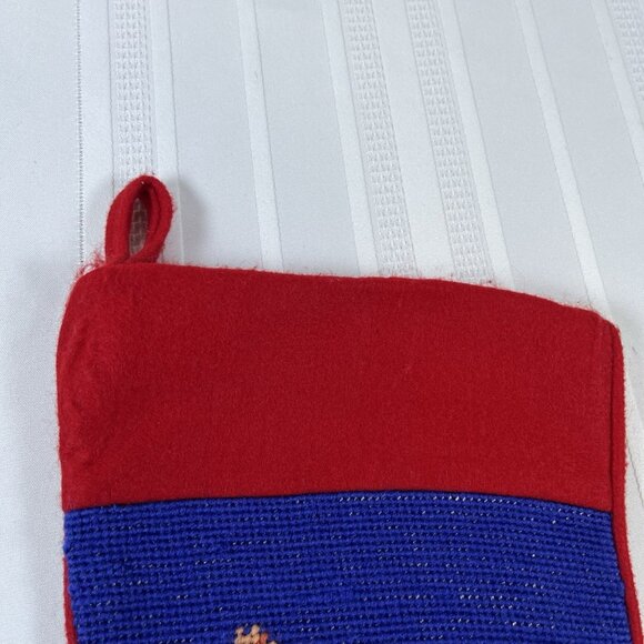 Vintage Style Needlepoint Christmas Stocking Santa In Chimney Wool Blend MCM - Picture 3 of 6